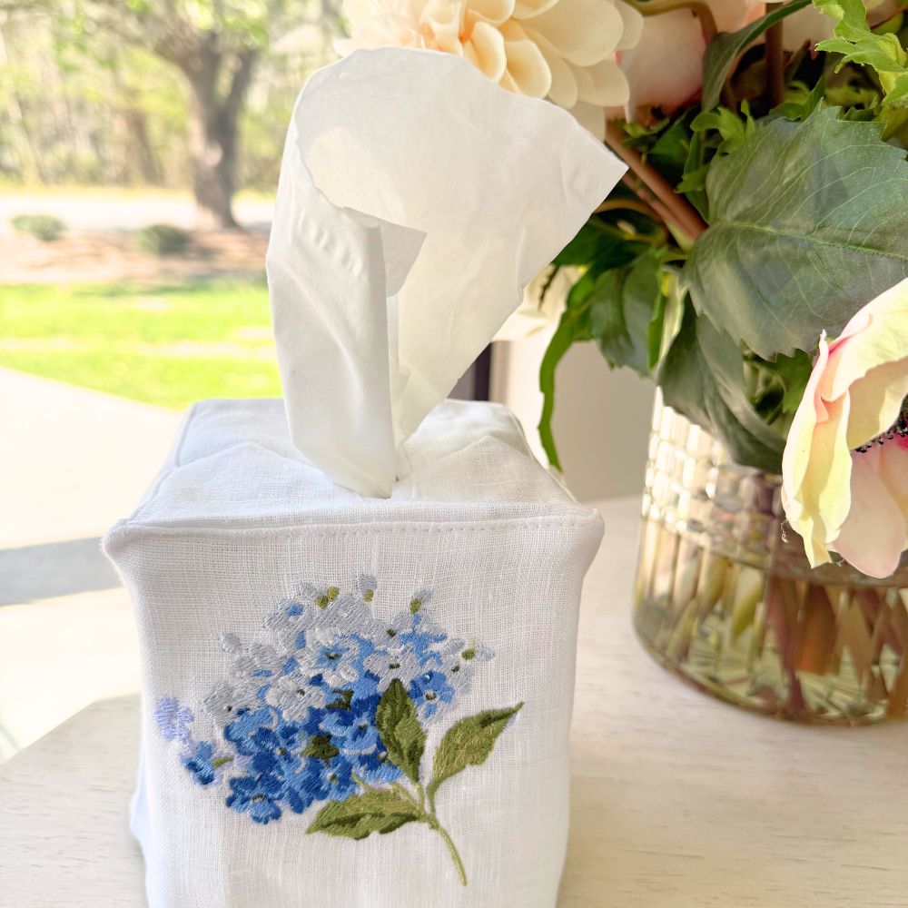 Blue Hydrangea Linen Tissue Box Cover - New