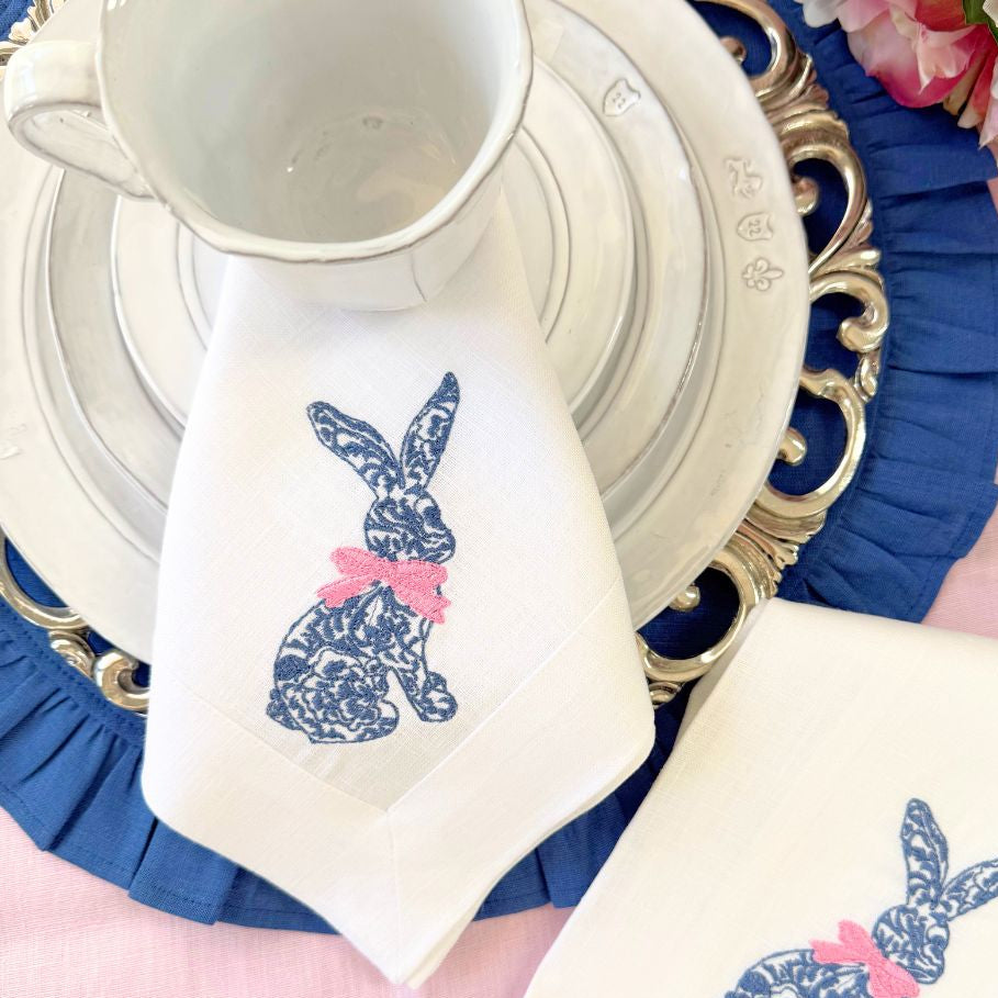 Blue Toile Bunny Large Linen Napkin - NEW
