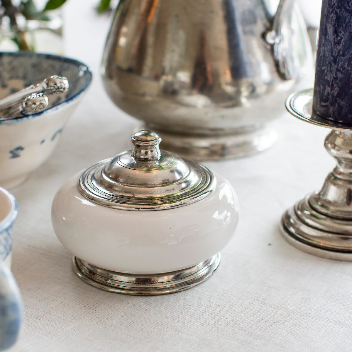 Close up of Tuscan white ceramic Keepsake covered dish