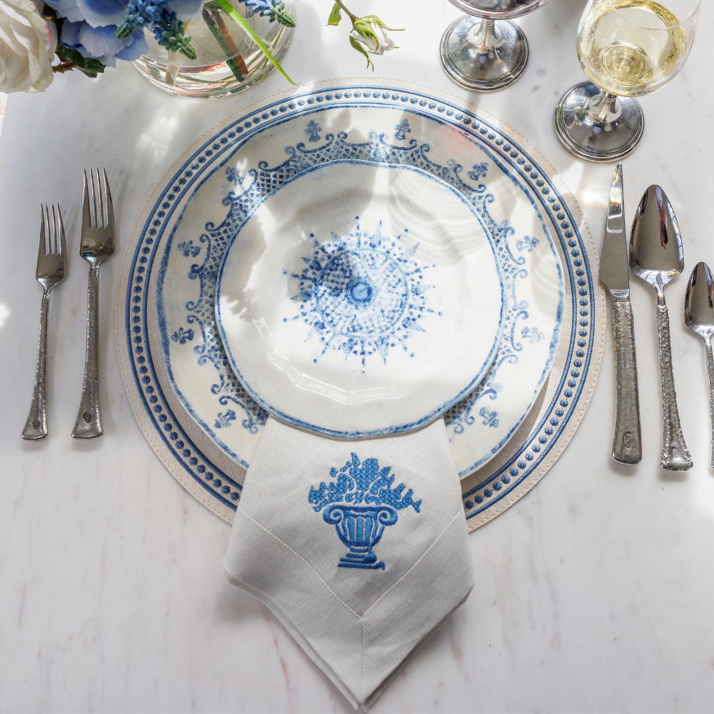 Arte Italica Burano salad and dessert plate blue ceramic Italian hand painted dinnerware with napkin and Elena flatware