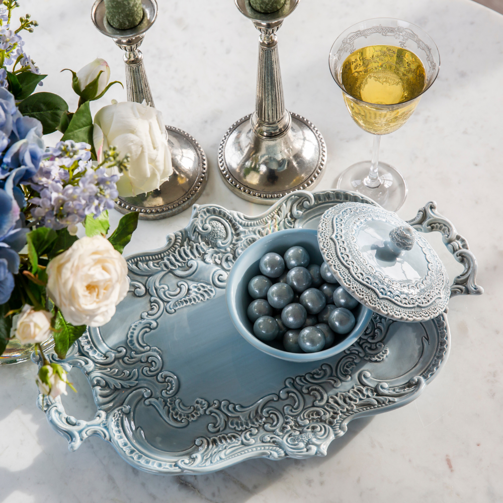 Arte Italica Finezza Blue Baroque tray – Italian ceramic serving platter with ornate lace design