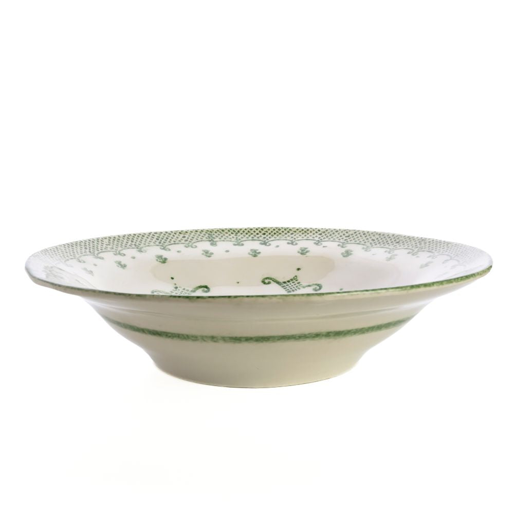Burano Green Pasta Serving Bowl Side View with green decorative pattern on a white background