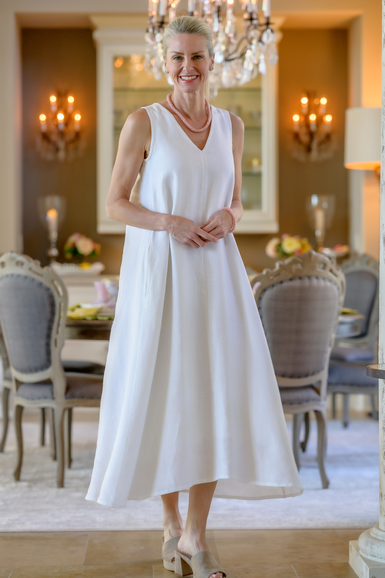 Katherine Linen Dress | V-Neck A-Line in Black & White | Crown Linen Designs Arte Italica Katherine Linen Dress | V-Neck A-Line in Black & White | Crown Linen Designs Arte Italica