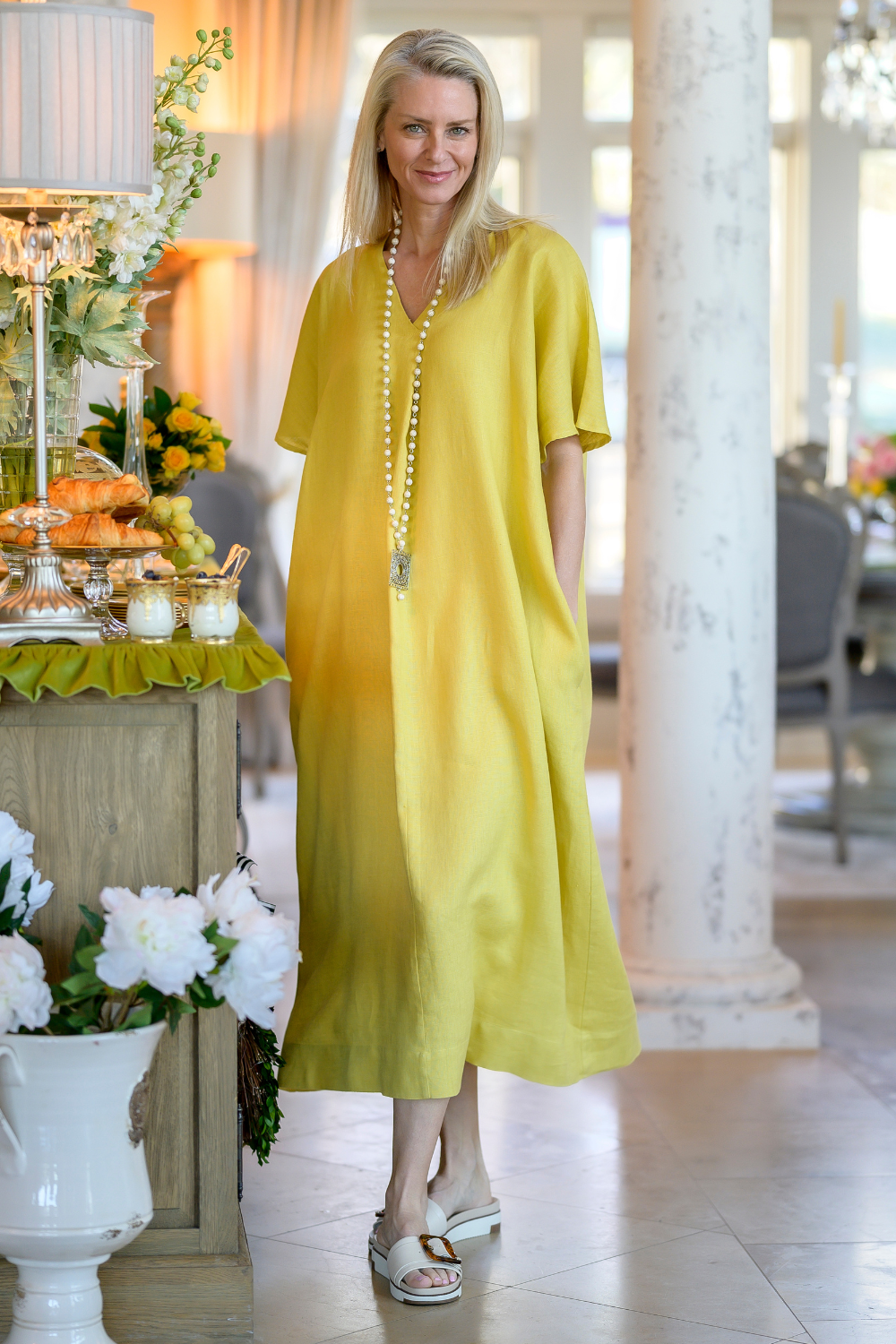 Tessa Linen Kaftan | Pleated Cover-Up Dress in Black & Limoncello | Crown Linen Designs Arte Italica Tessa Linen Kaftan | Pleated Cover-Up Dress in Black & Limoncello | Crown Linen Designs Arte Italica