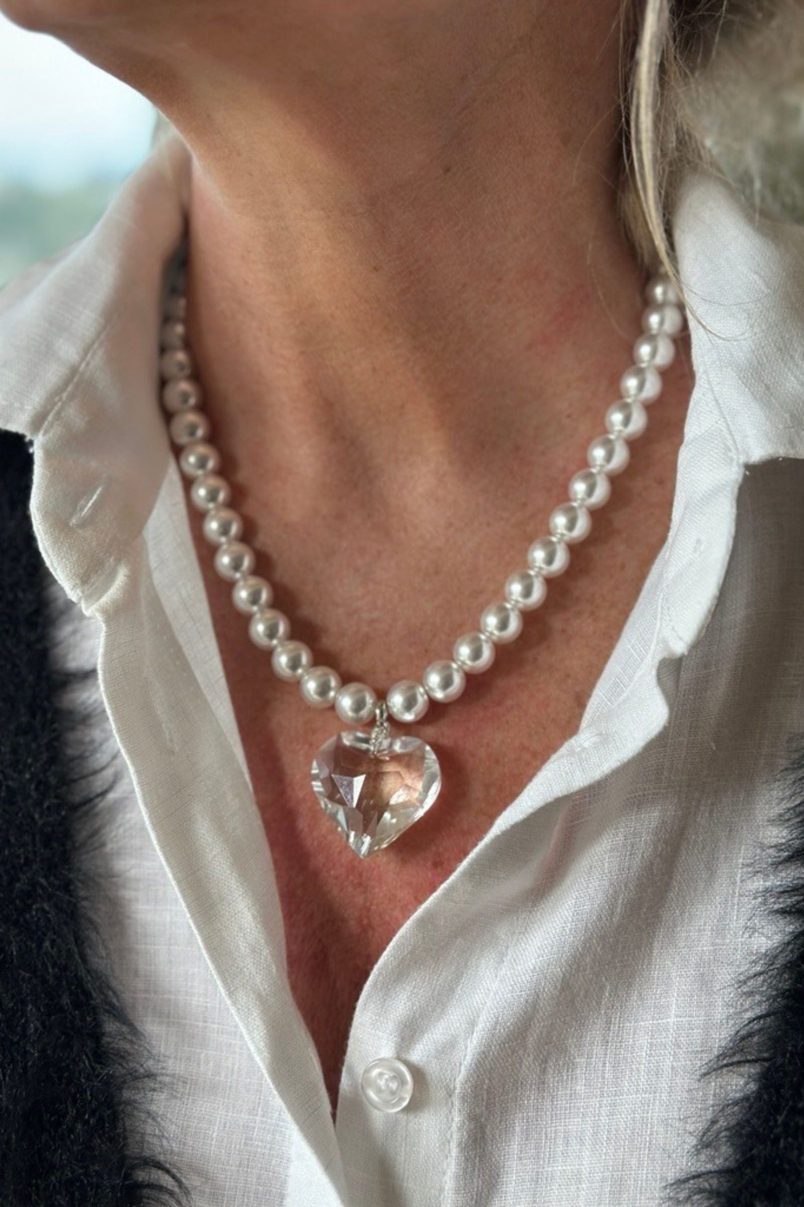 Pearl & Glass Heart Necklace | Imitation Pearl Pendant Jewelry 