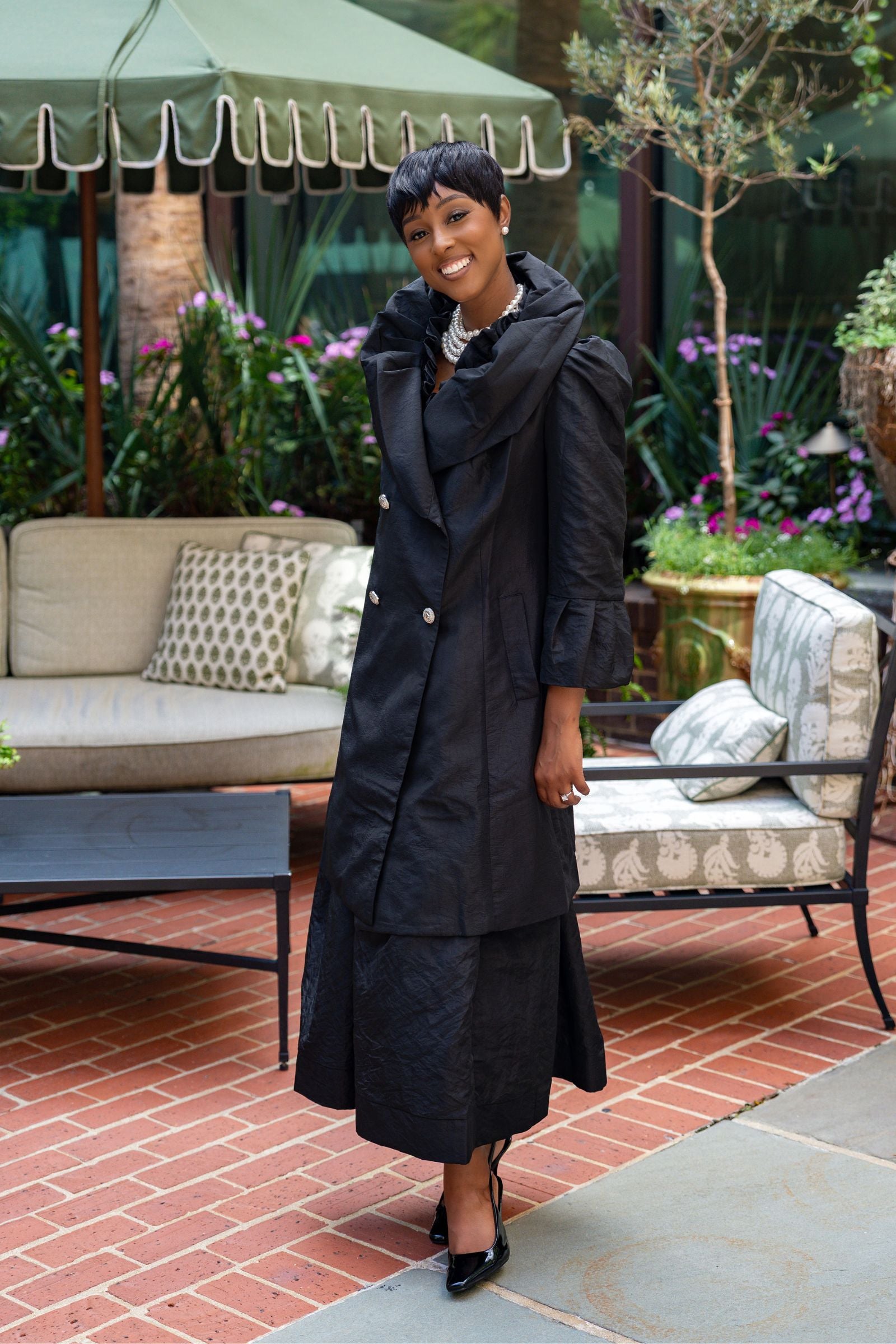 Victoria Black Taffeta Holiday Coat | Shawl Neck & Metallic