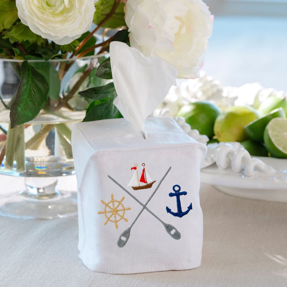 Nautical Crest White Linen Tissue Box Cover - New