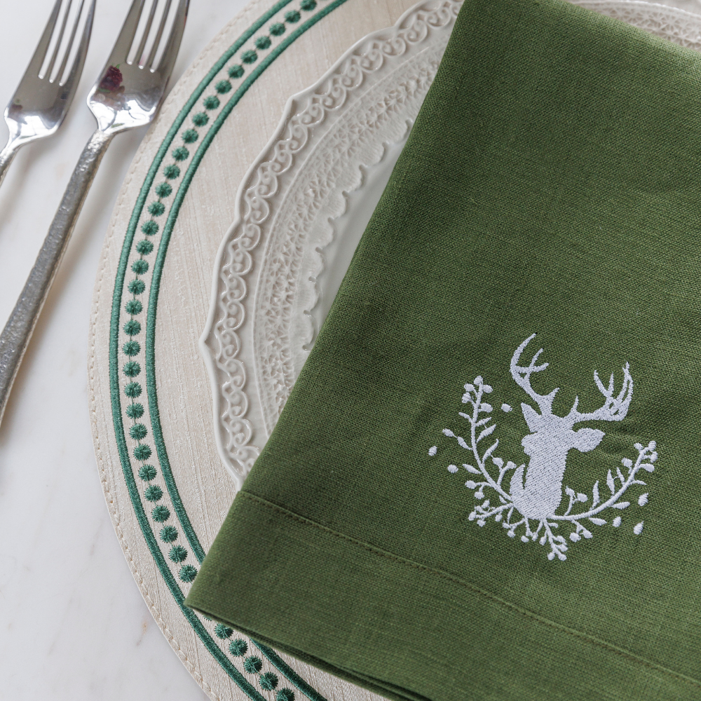 Stag with Holly Berries Linen Tri-Fold Napkin