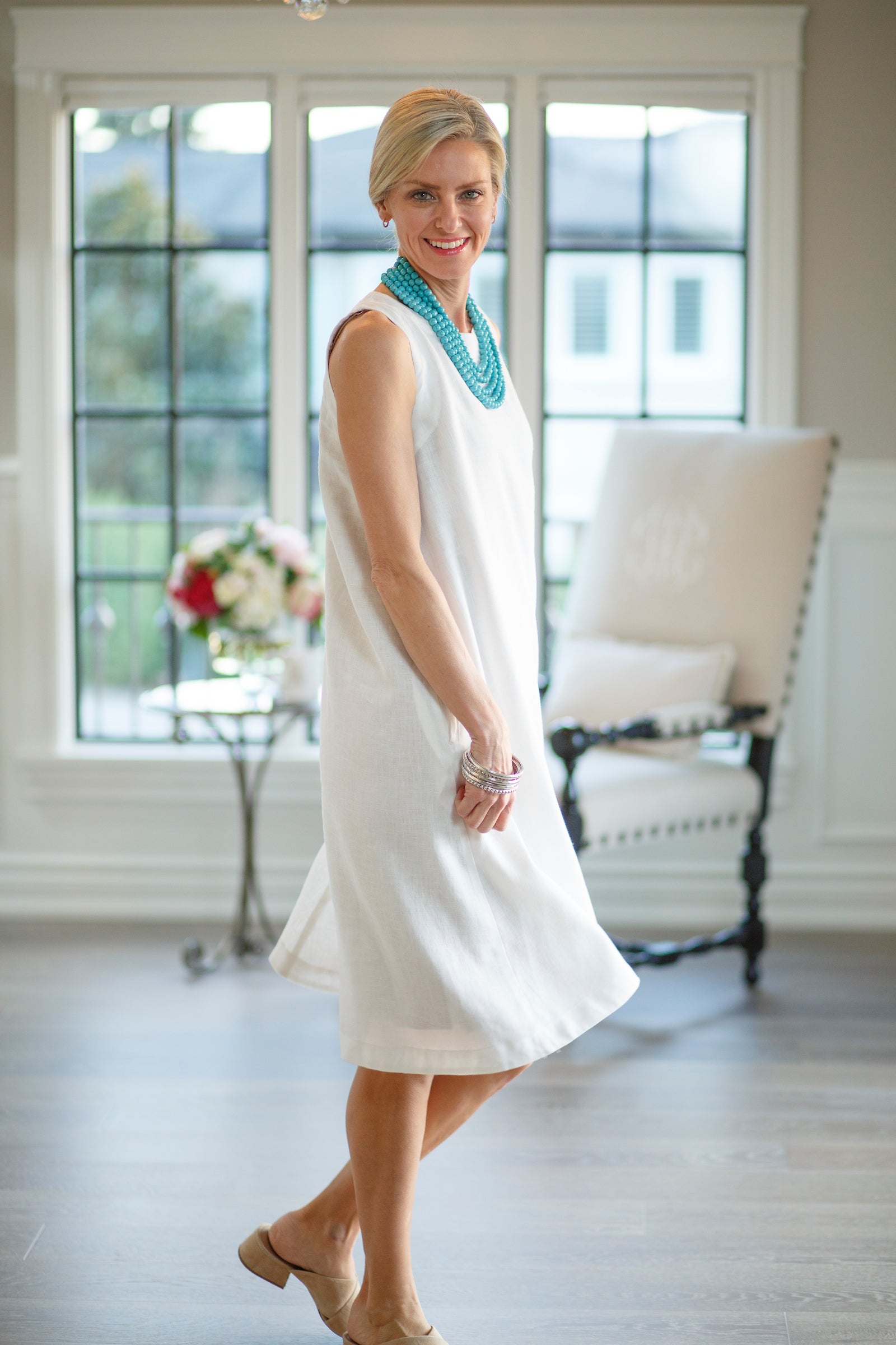 Alma Linen Dress | Sleeveless Summer Dress in White & Blue | Crown Linen Designs White / XSmall Alma Linen Dress | Sleeveless Summer Dress in White & Blue | Crown Linen Designs White / XSmall