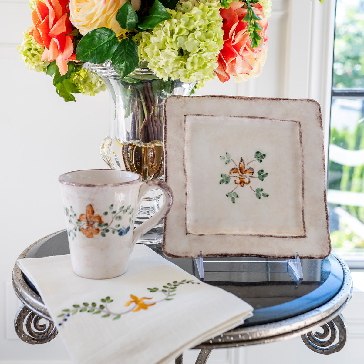 square Italian ceramic Medici salad dessert plate on display stand