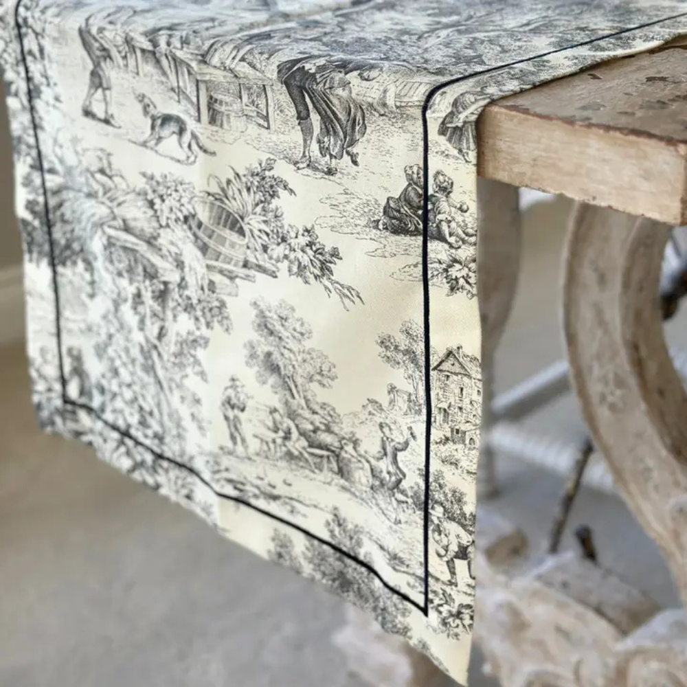 Montefalco Toile Table Runner, Black & Cream