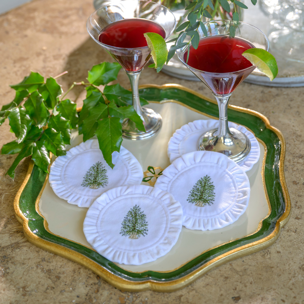 Pine Tree Round Ruffle Velvet Coaster Set - New