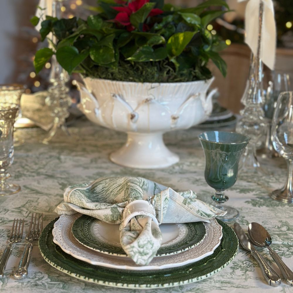 Montefalco Toile Cotton Napkin, Green & Cream - New