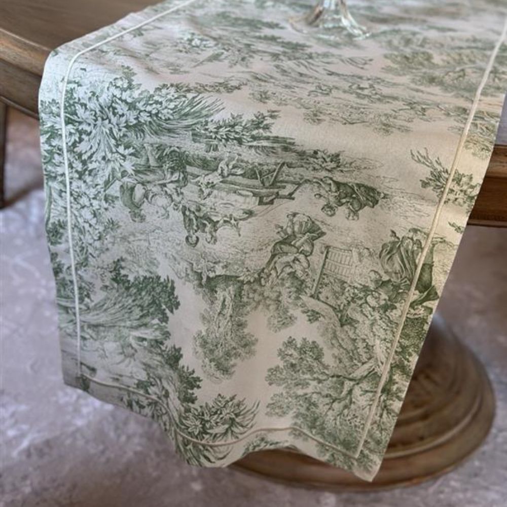Montefalco Toile Table Runner, Green & Cream - New