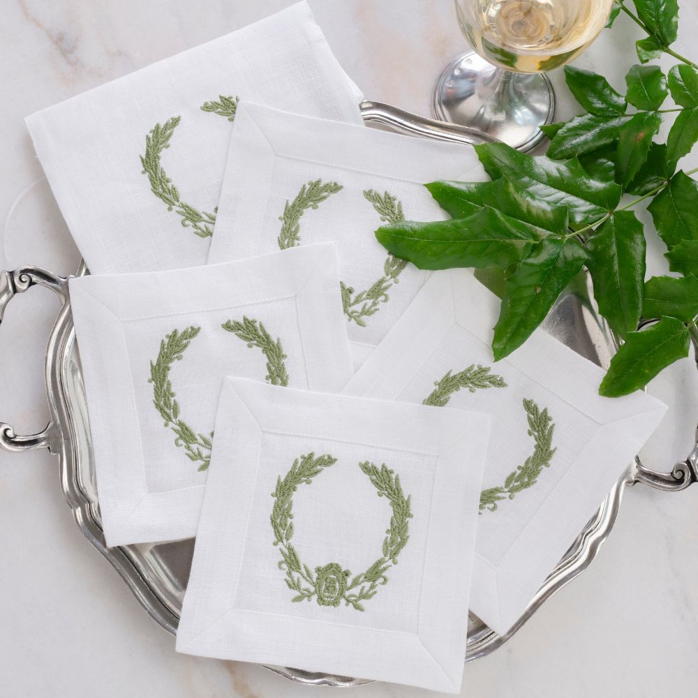 Laurel Wreath Green White Linen Cocktail Napkin Set of 4