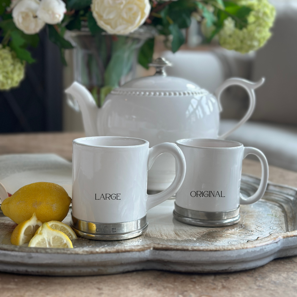 Two Tuscan mugs on a Florentino Silver Wooden Tray with lemons and a Beaded Teapot