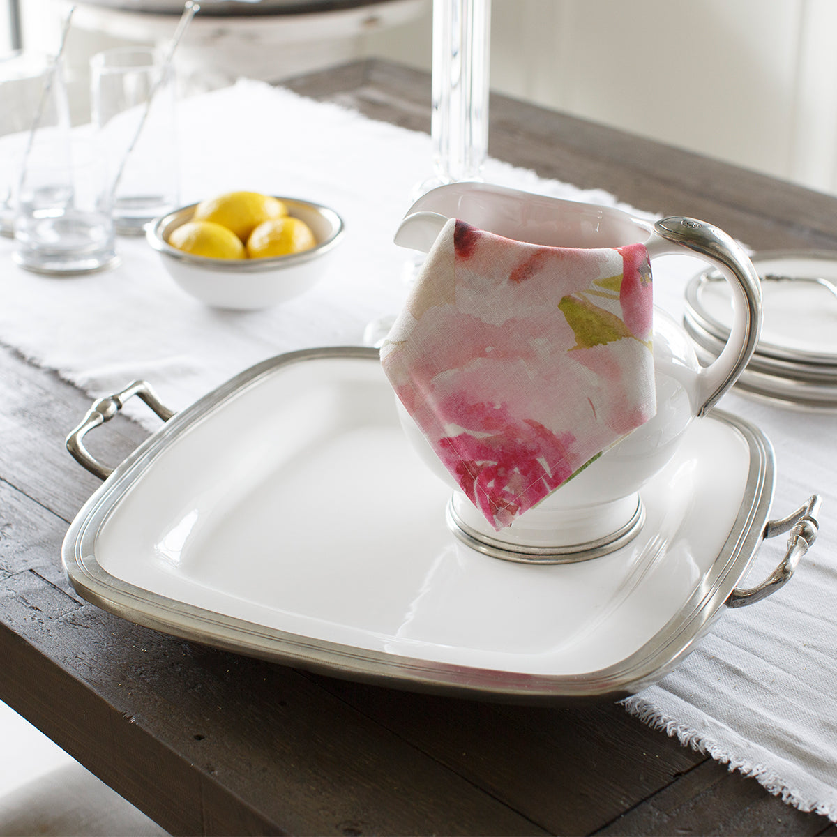Tuscan Square Tray with Handles with Pitcher and napkin on a table