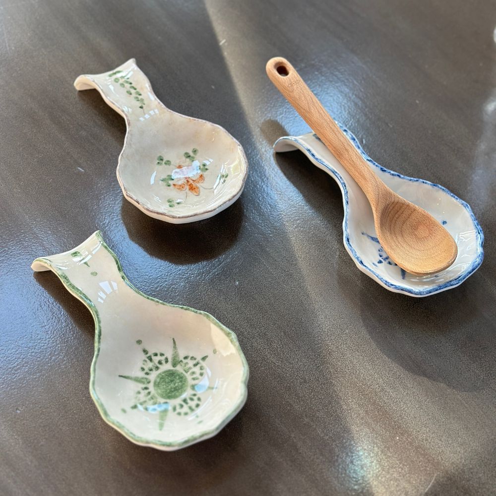 Arte Italica Burano spoon rest green ceramic Italian hand painted table accessory display with other spoon rests