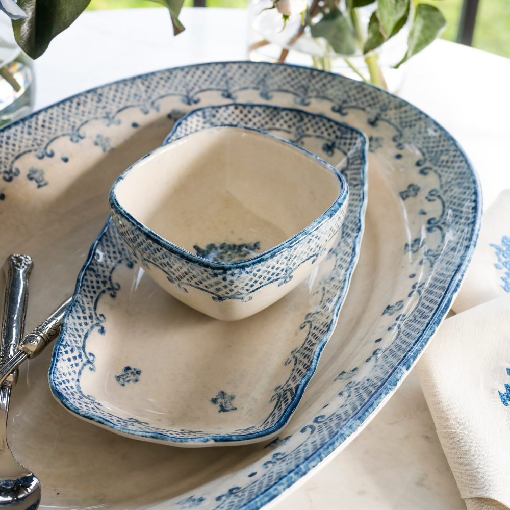 Arte Italica Burano square bowl blue ceramic Italian hand painted dinnerware, serving bowl with serving trays and platters