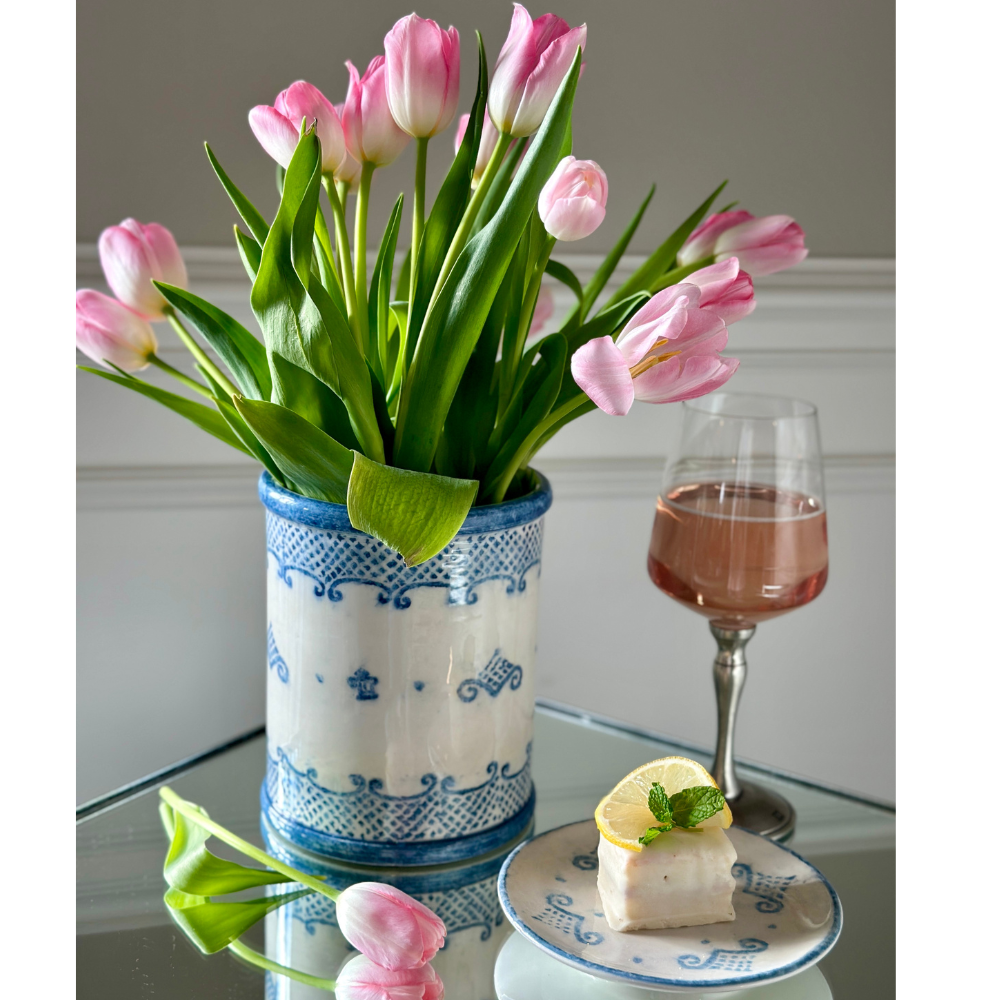 Arte Italica Burano utensil holder blue ceramic Italian hand painted kitchen accessory with flowers as a vase