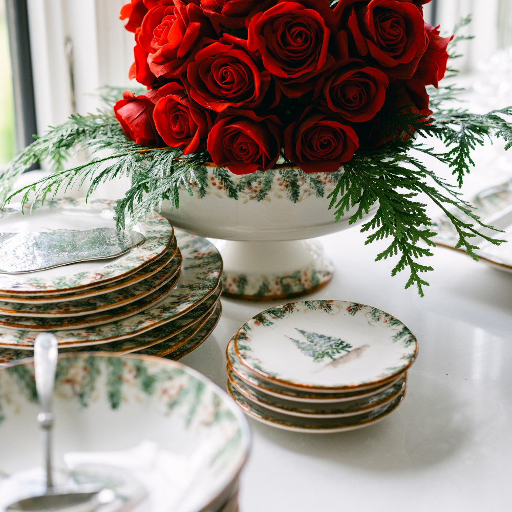 Arte Italica Natale bread and canapé plate hand painted snowy evergreens Italian ceramic