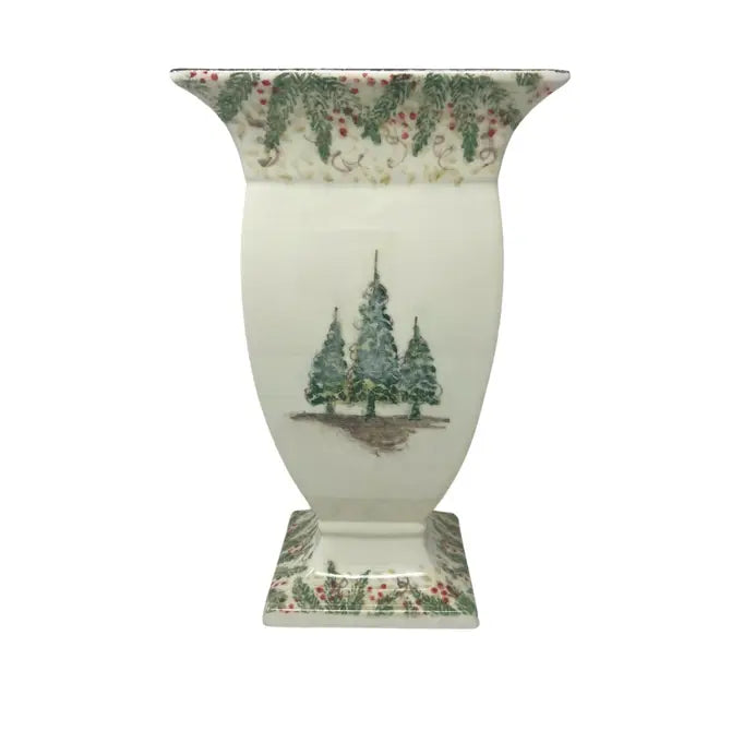 Arte Italica Natale footed vase hand painted snowy evergreens Italian ceramic holiday