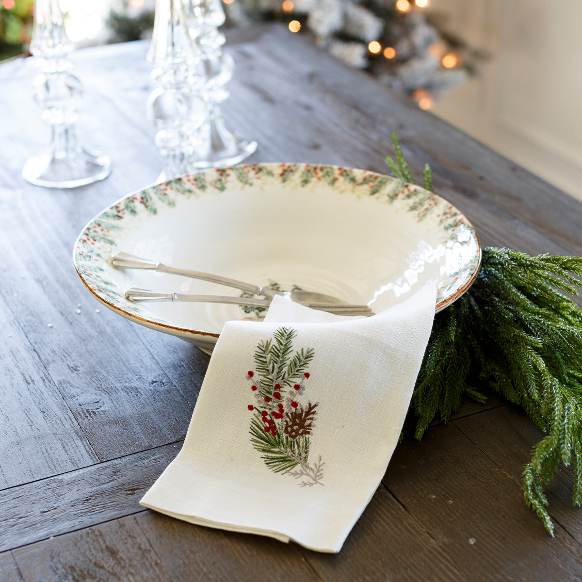 Arte Italica Natale pasta serving bowl hand painted snowy evergreens Italian ceramic