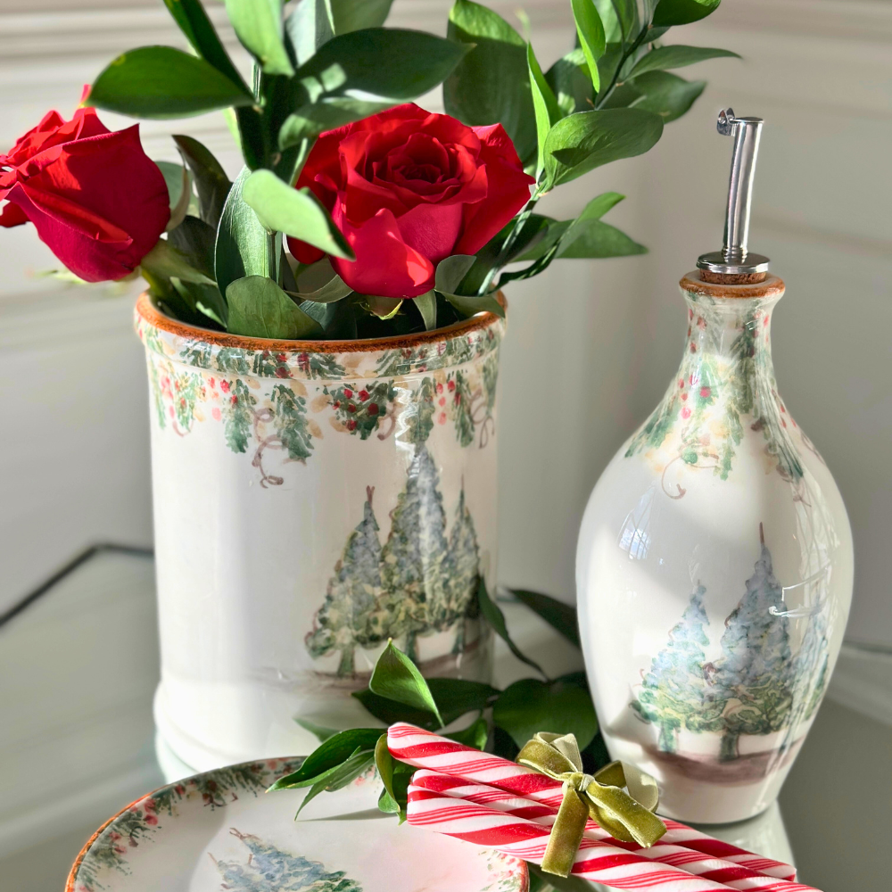 Arte Italica Natale utensil holder hand painted Italian ceramic kitchen organizer