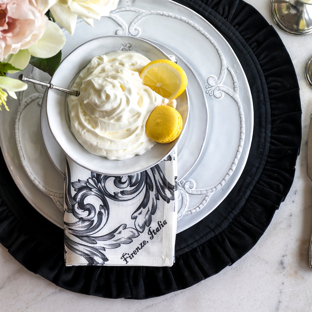 Firenze Large Napkin white Italian linen napkin for table setting with plate and bowls on black velvet placemat