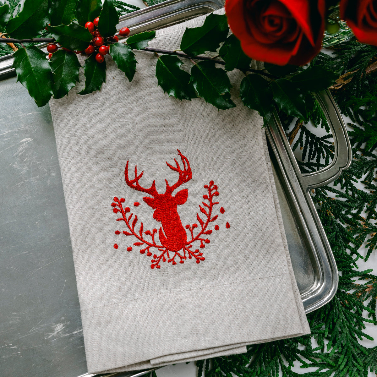 Stag with Holly Berries Linen Towel
