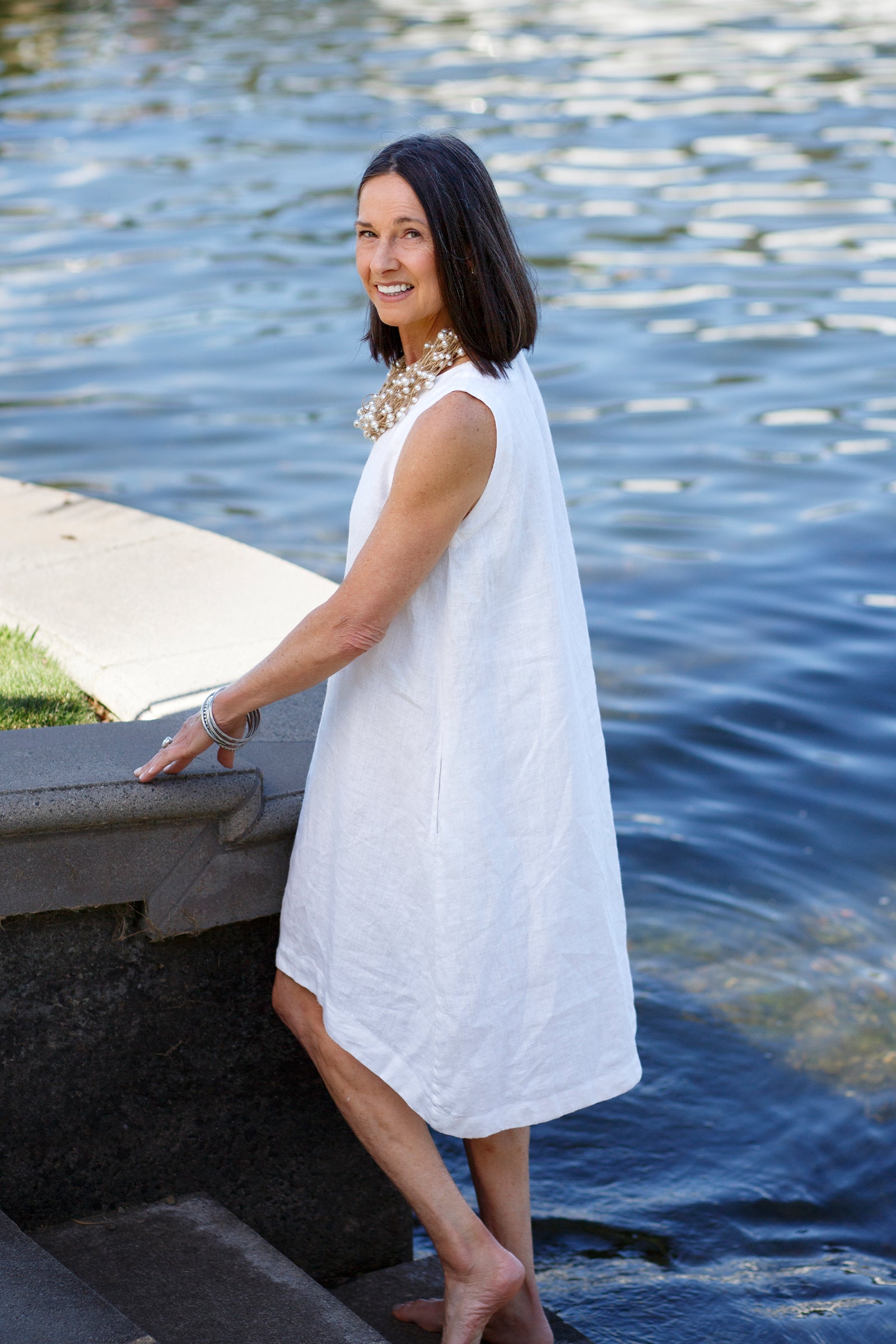 Alma Linen Dress | Sleeveless Summer Dress in White & Blue | Crown Linen Designs White / XSmall Alma Linen Dress | Sleeveless Summer Dress in White & Blue | Crown Linen Designs White / XSmall