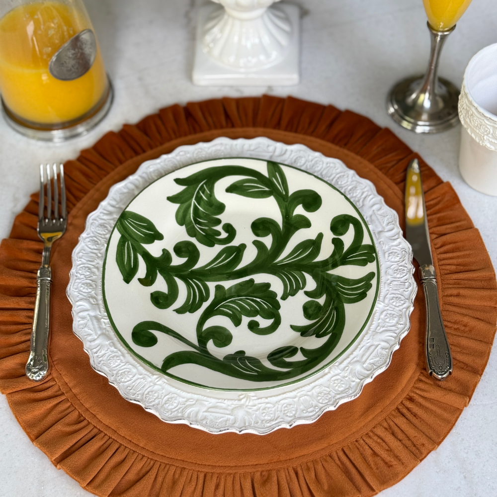 Detailed shot of hand-painted green design on Al Fresco plates. Styled for a fall inspired brunch table 