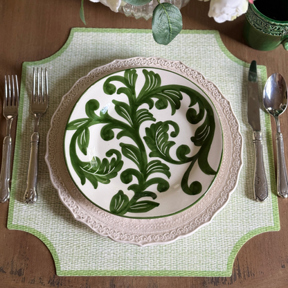 Detailed shot of hand-painted green design on Al Fresco plates. 
