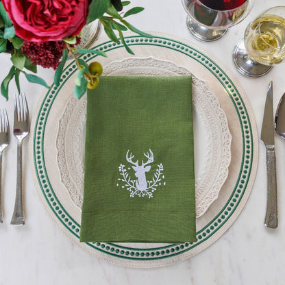 Stag with Holly Berries Linen Tri-Fold Napkin