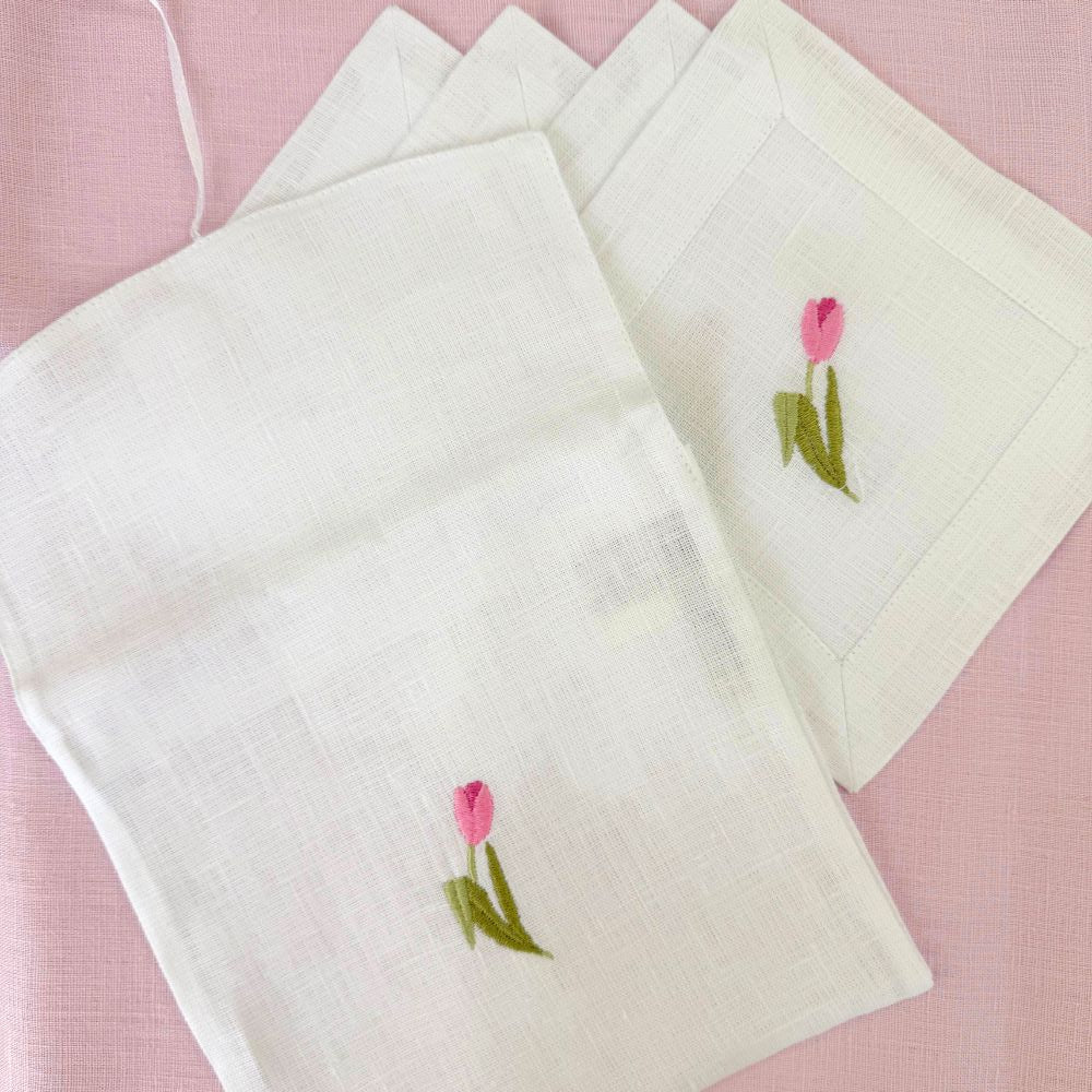 Pink Tulip Linen Cocktail Napkin Set - New