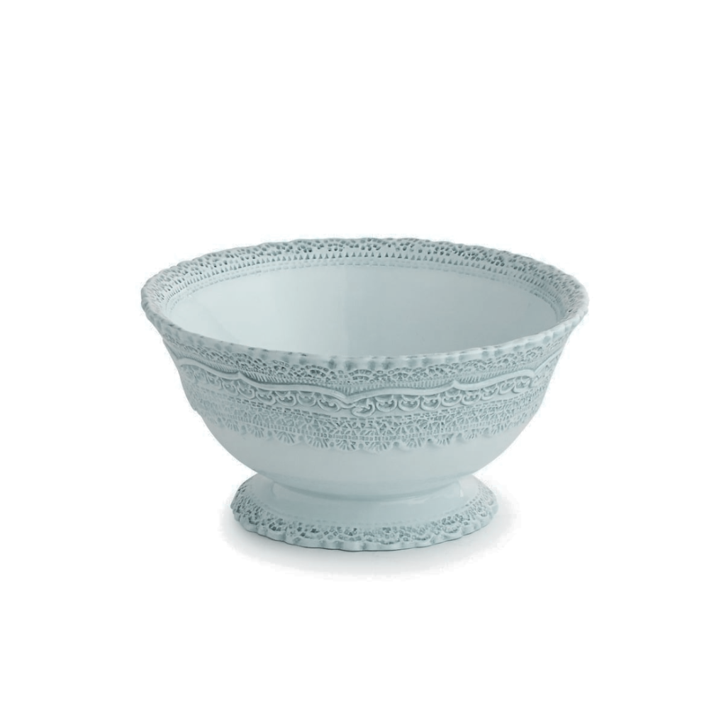 Finezza Blue cereal bowl featuring detailed patterned sides and a soft blue color by Arte Italica and Crown Linen Designs.