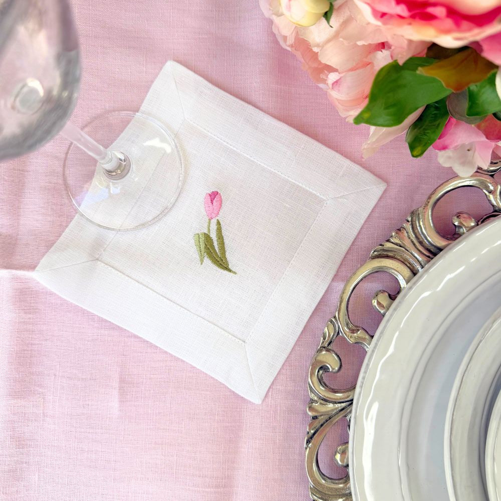 Pink Tulip Linen Cocktail Napkin Set - New