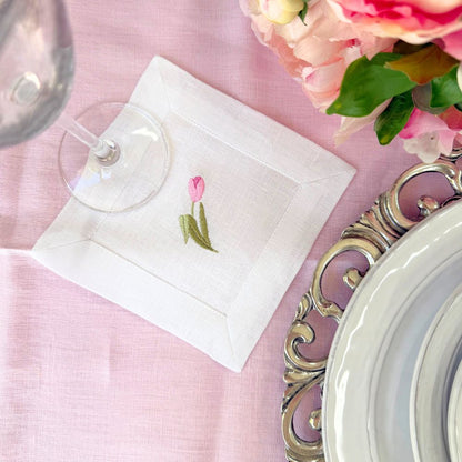 Pink Tulip Linen Cocktail Napkin Set - New