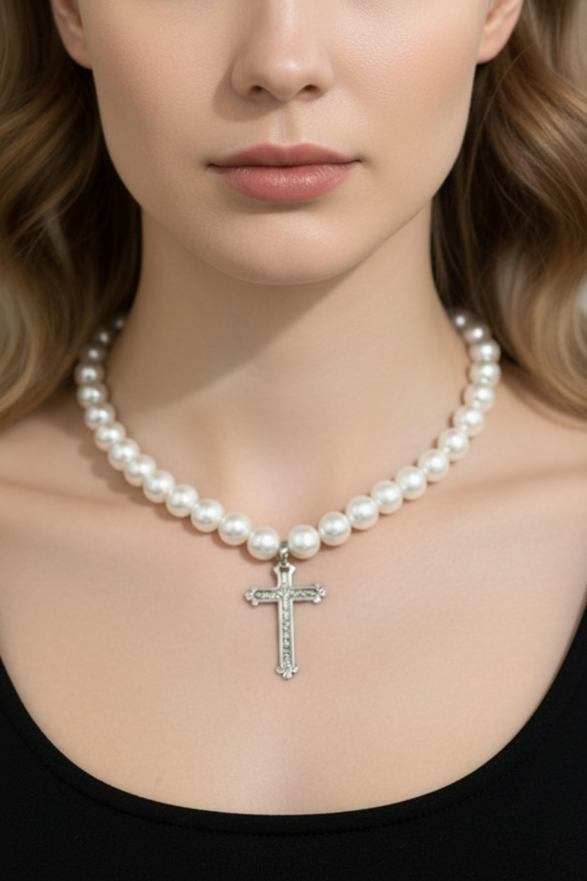 Mary Pearl and Cross Necklace - NEW!