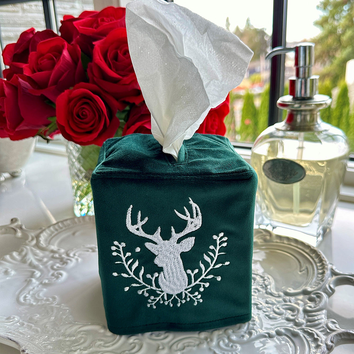 Stag with Holly Berries Velvet Tissue Box Cover