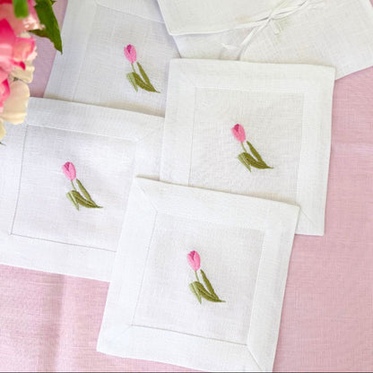 Pink Tulip Linen Cocktail Napkin Set - New