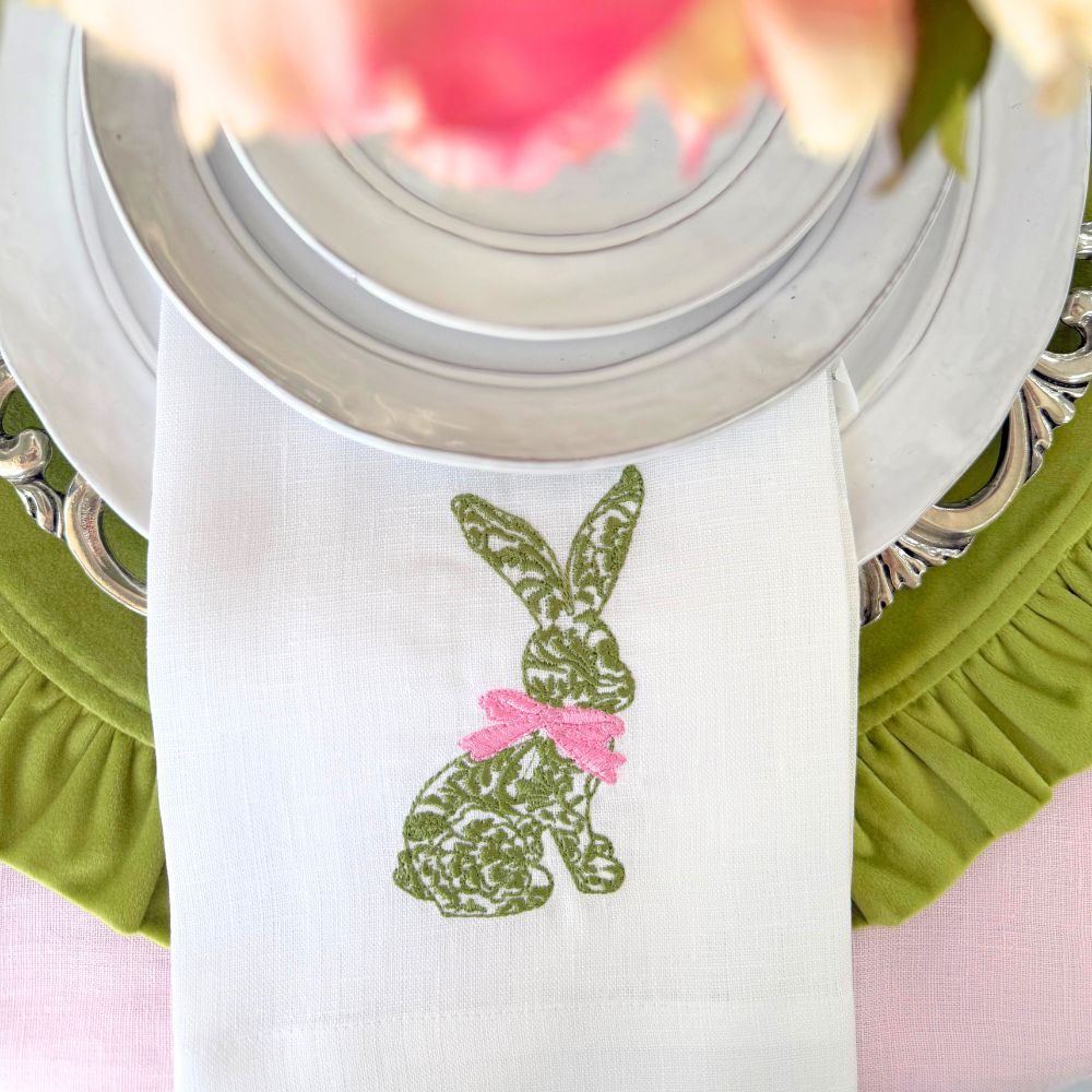 Green Toile Bunny Linen Towel - New