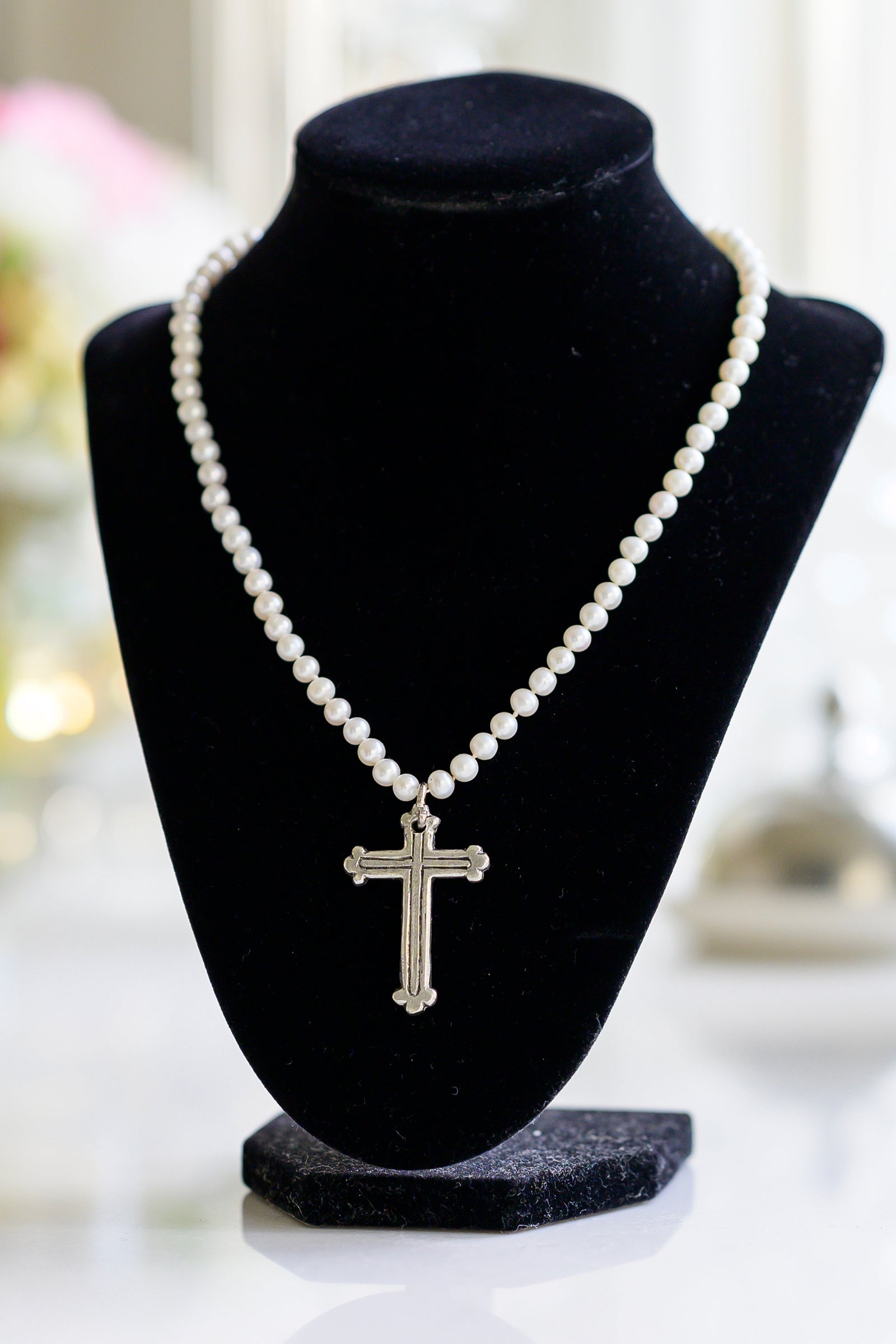 Pearl and Pewter Cross Necklace Small Pearl