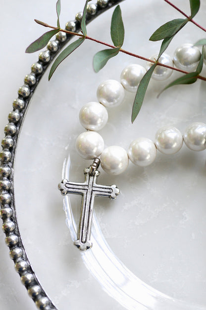 Pearl and Pewter Cross Necklace