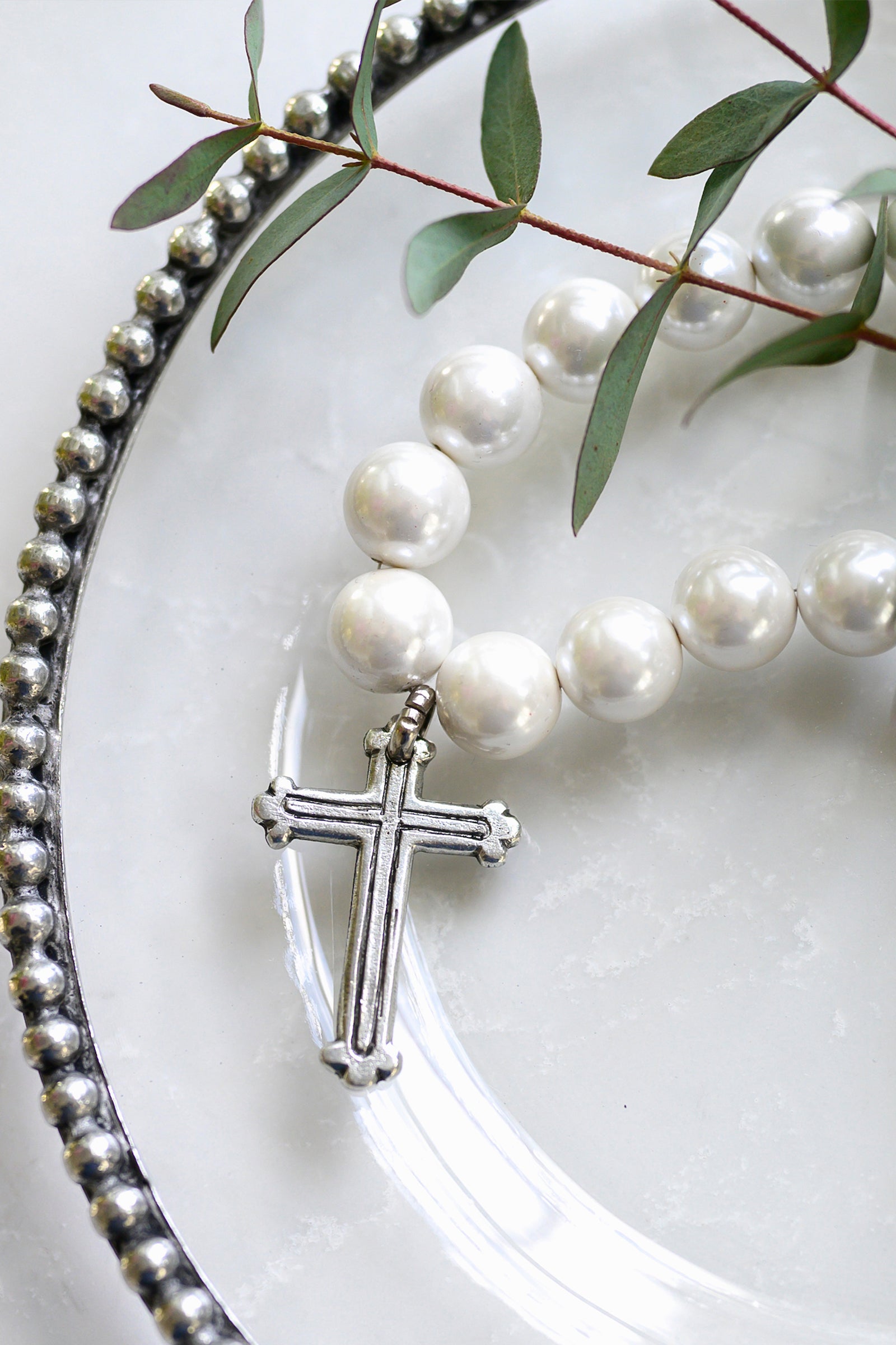 Pearl and Pewter Cross Necklace Small Pearl
