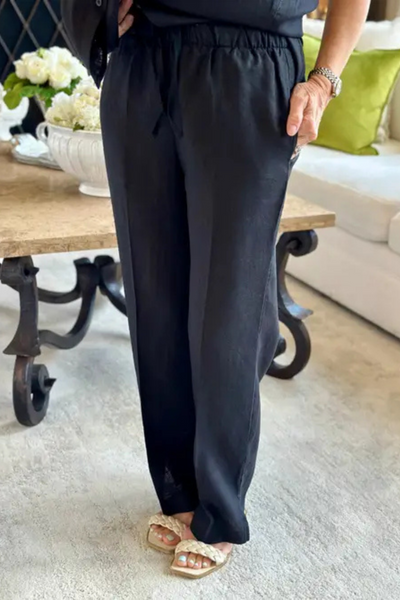 Crown Linen Designs Classic Linen Pants | Elastic Waist | Black