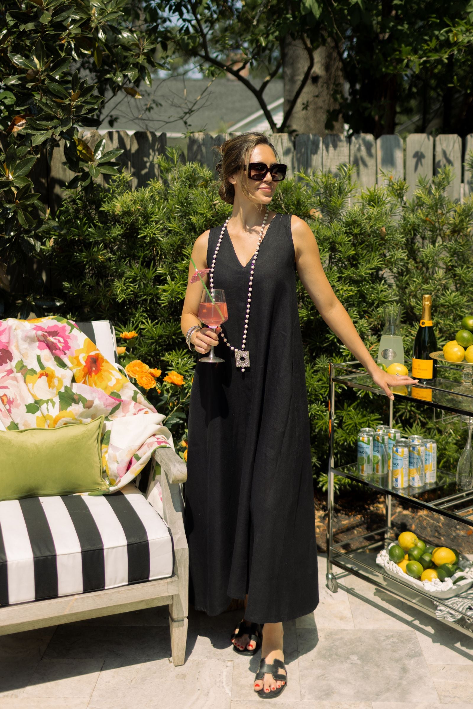 Katherine Linen Dress | V-Neck A-Line in Black & White