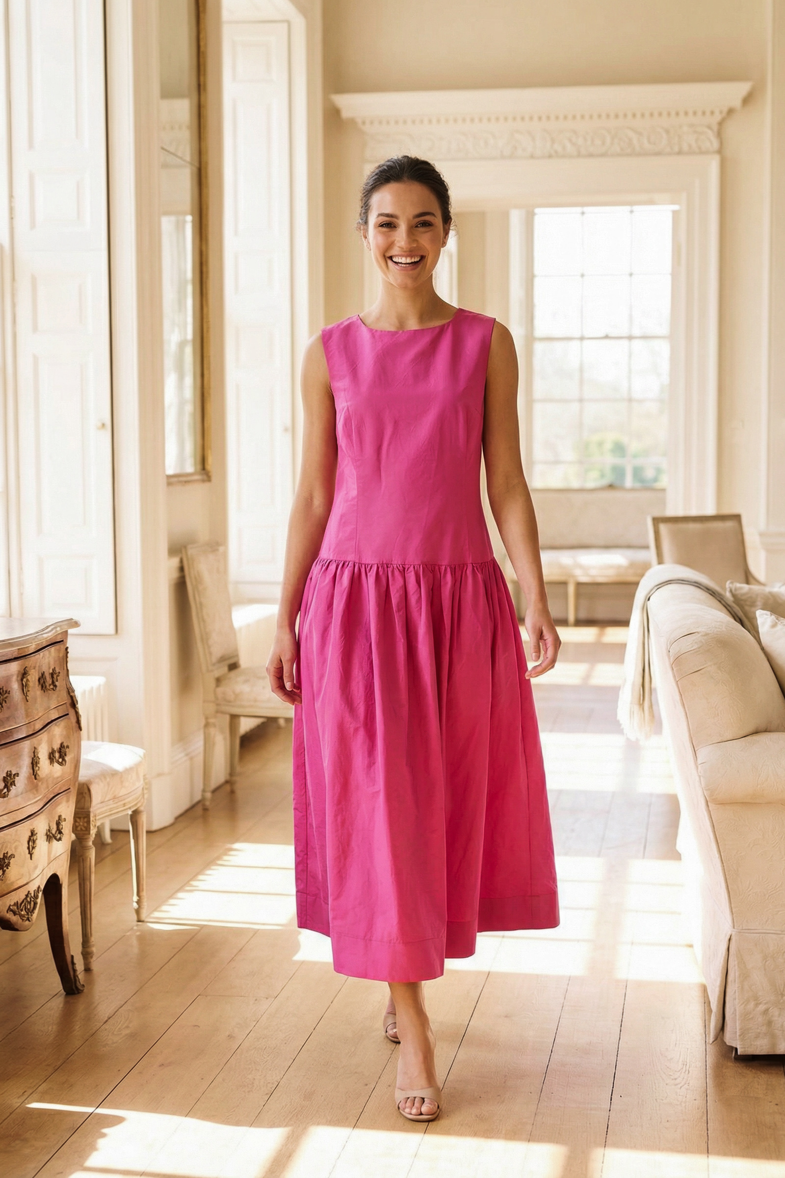 Gwynn Sleeveless Taffeta Drop Waist Dress – Black, Fuchsia & Powder Blue