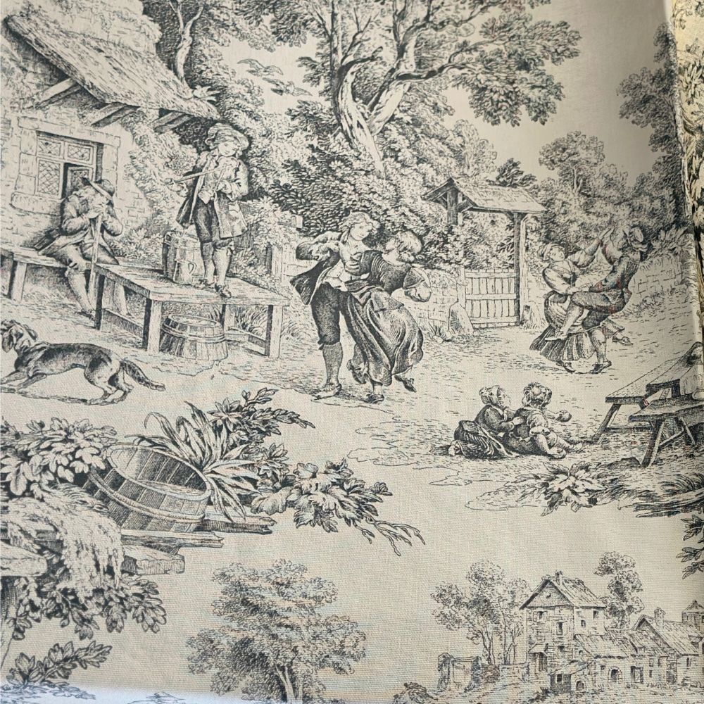 Vintage-style toile illustration of a village scene with people and animals.
