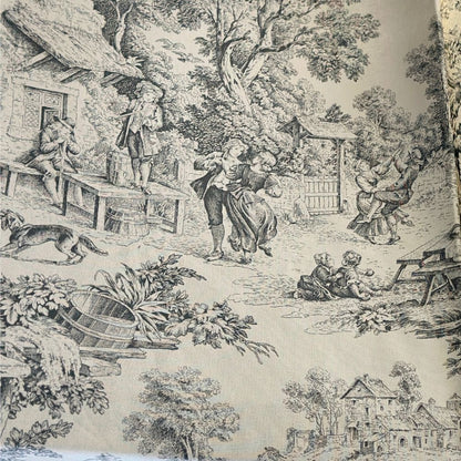 Vintage-style toile illustration of a village scene with people and animals.